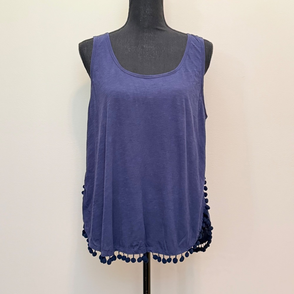 Lilly‎ Pulitzer Navy Blue Cotton Pom Pom Tank Top Womens L Scoop Neck Sleeveless